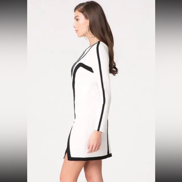 Bebe Long Sleeve Mini Dress - Size XS (White with Black Piping) - Picture 2 of 8